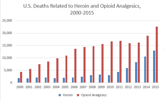 Deaths from heroin and opiod analgesics have spiked in recent years