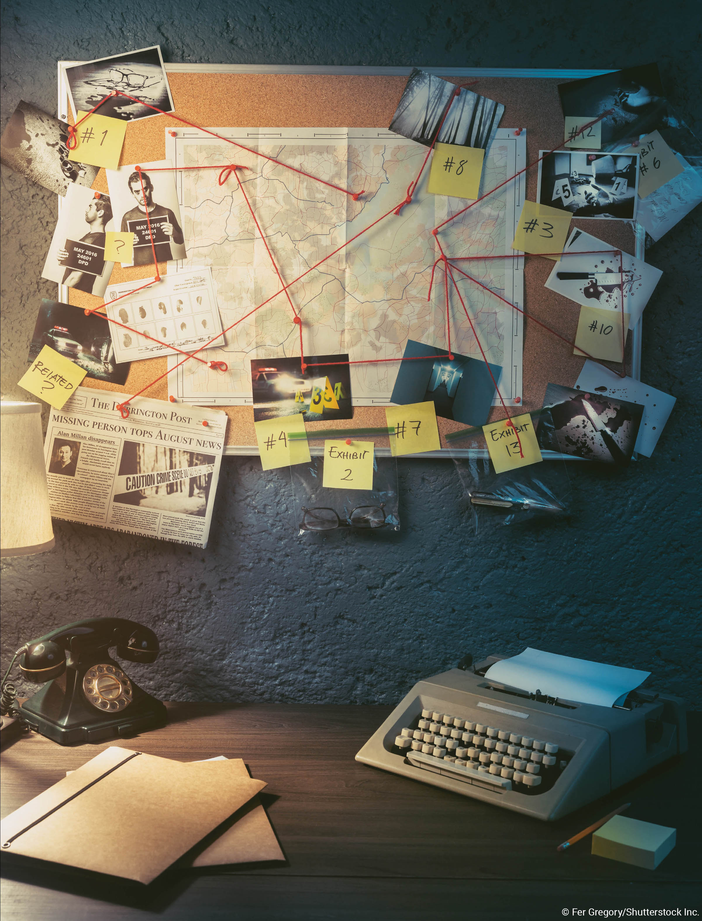 Crime board showing interconnections on a map with images