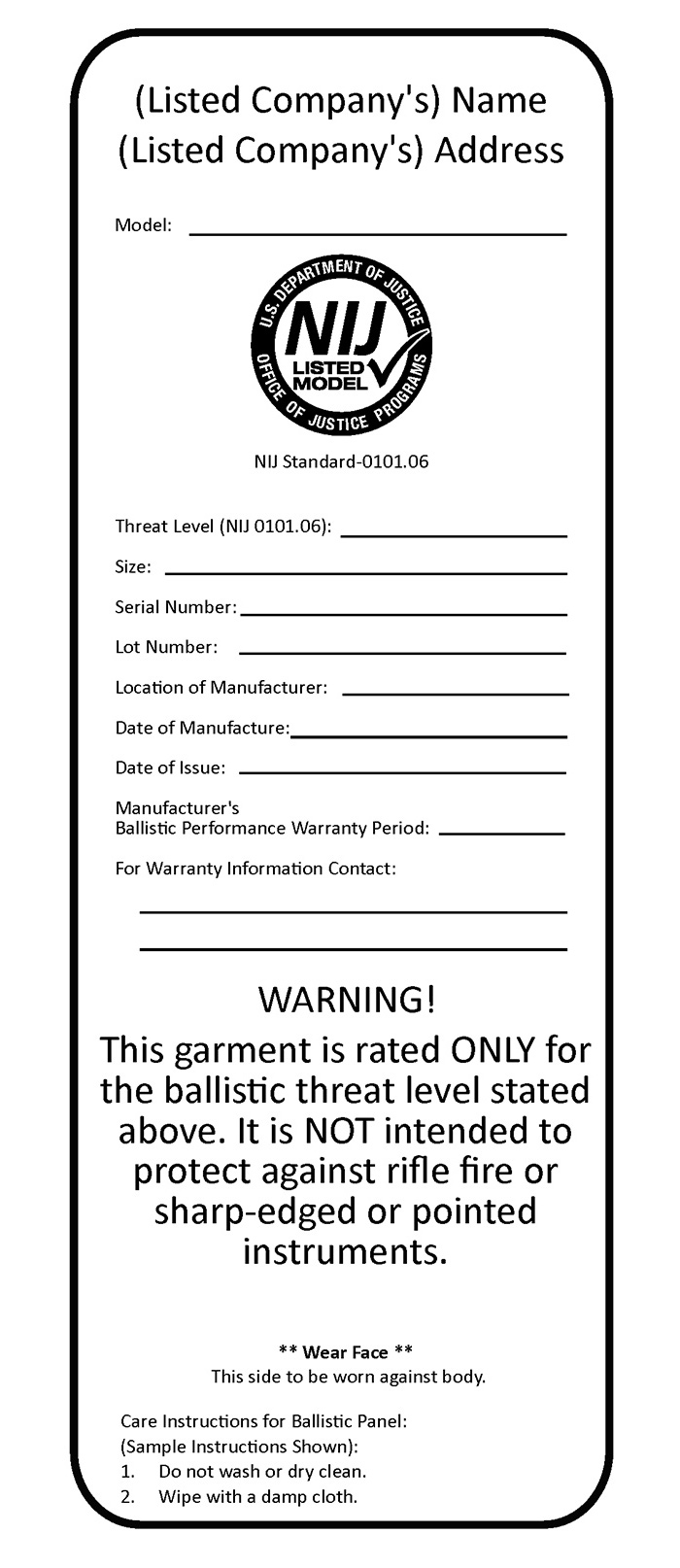 Sample NIJ label for ballistic resistant body armor