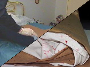 Image of evidence collection including blood on fabric stored in paper