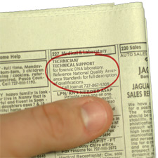 Newspaper want ad for Technician/Technical Support