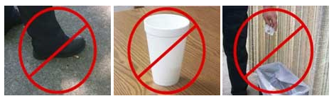 Image of smoking, drinking, littering overlaid with red do not do symbol
