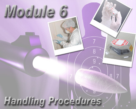 Illustration of a gun being fired with photos of lab scientists and DNA evidence