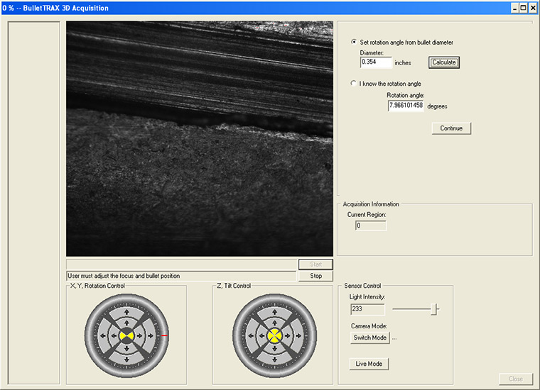 Digital screen images depicting the surface of a fired bullet showing surface topography