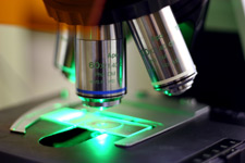 Photo of a microscope and a glass slide