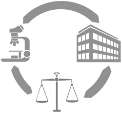 image of a microscope, an office building, and a set of scales.