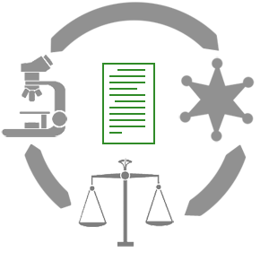 illustration of a microscope, set of scales, police badge, and document