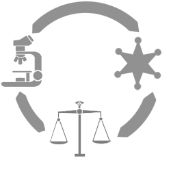 illustration of a microscope, set of scales, and a police badge