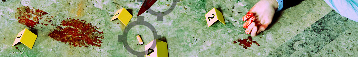 image of a crime scene, with a bloody hand, bloody footprint, and bullet shell casing