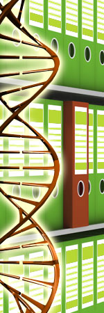 Composite image of DNA and files on a shelf