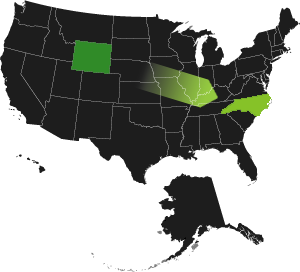 map of the united states, with Wyoming and North Carolina in green
